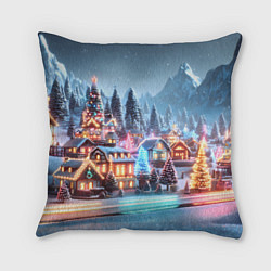 Подушка квадратная Городок в новогодних огоньках, цвет: 3D-принт