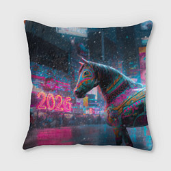 Подушка квадратная Лошадка новогодняя в стиле киберпанк, цвет: 3D-принт