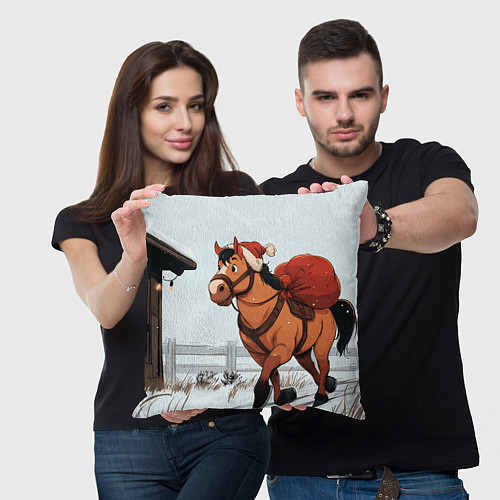 Подушка квадратная Лошадка везет новогодние подарки / 3D-принт – фото 3