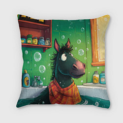 Подушка квадратная Лошадь моется в ванной