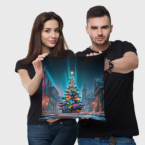 Подушка квадратная Новогодняя елка в гирляндах / 3D-принт – фото 3