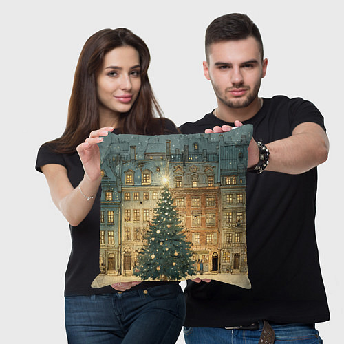 Подушка квадратная Новогодний старый город / 3D-принт – фото 3