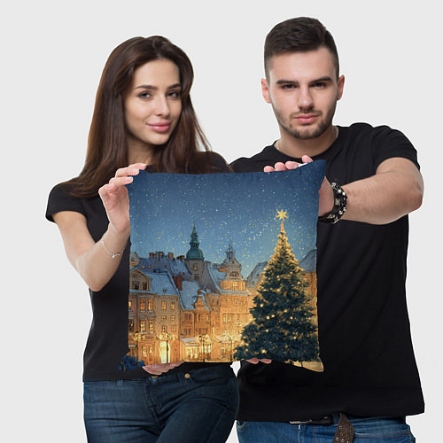 Подушка квадратная Новый год в старом городе / 3D-принт – фото 3