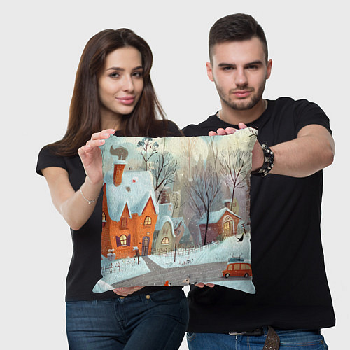 Подушка квадратная Милый новогодний дворик / 3D-принт – фото 3