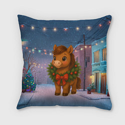 Подушка квадратная Лошадка с новогоднем венком 2026, цвет: 3D-принт