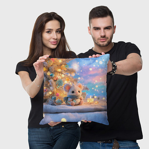 Подушка квадратная Новогодняя милая мышка / 3D-принт – фото 3