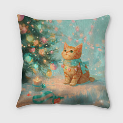 Подушка квадратная Милый рыжий котенок любуется елкой, цвет: 3D-принт