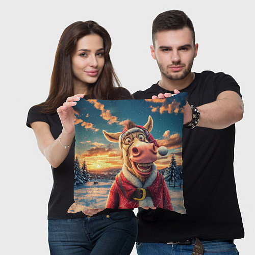 Подушка квадратная Новогодняя комическая лошадь в лесу / 3D-принт – фото 3