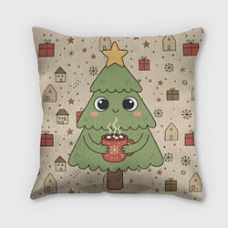 Подушка квадратная Новогодняя елочка с горячим шоколадом, цвет: 3D-принт