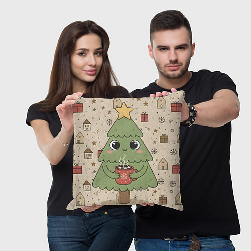 Подушка квадратная Новогодняя елочка с горячим шоколадом / 3D-принт – фото 3