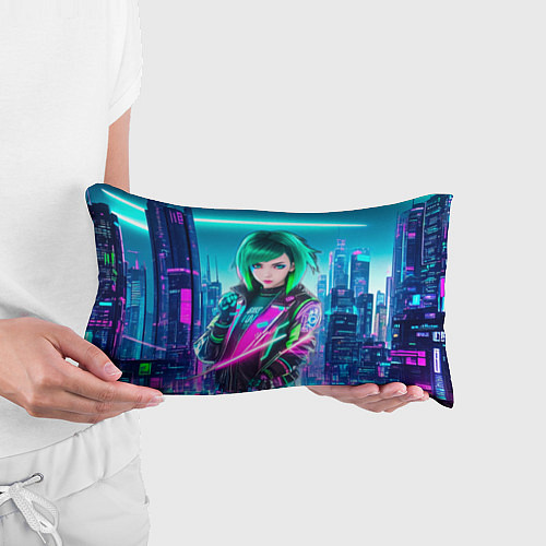 Подушка-антистресс Девушка с зелеными волосами киберпанк / 3D-принт – фото 3