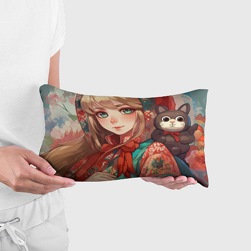 Подушка-антистресс Русская девушка в аниме стиле в платке и с плюшево / 3D-принт – фото 3