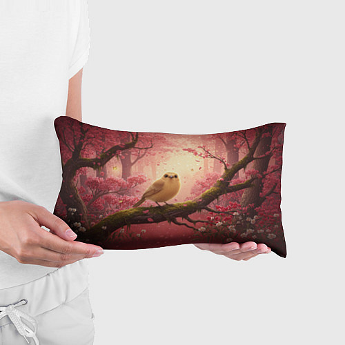 Подушка-антистресс Желтая птица в розовом цветущем лесу / 3D-принт – фото 3