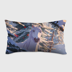 Подушка-антистресс Белая лошадь на фоне елки, цвет: 3D-принт