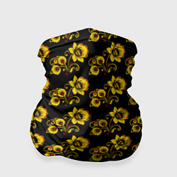 Бандана-труба Хохломская роспись цветы на чёрном фоне, цвет: 3D-принт