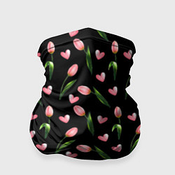Бандана-труба Тюльпаны и сердечки на черном - паттерн, цвет: 3D-принт