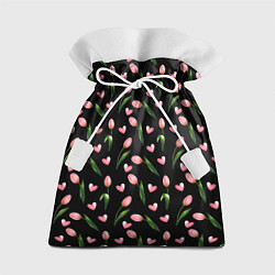Мешок для подарков Тюльпаны и сердечки на черном - паттерн, цвет: 3D-принт