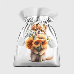 Мешок для подарков Милый щенок с подсолнухами и ромашками, цвет: 3D-принт