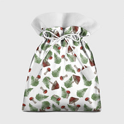 Мешок для подарков Мухоморы и папоротник на белом - паттерн, цвет: 3D-принт