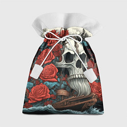 Мешок для подарков Череп викинга на корабле с розами в стиле тату ире, цвет: 3D-принт