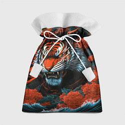Мешок для подарков Тигр с розами на волнах в стиле тату ирезуми, цвет: 3D-принт