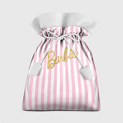 Мешок для подарков Barbie - золотая надпись и бело-розовые полосы, цвет: 3D-принт