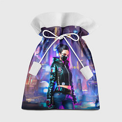 Мешок для подарков Девчонка в маске в мегаполисе - киберпанк, цвет: 3D-принт