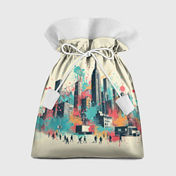 Мешок для подарков Силуэты людей и небоскребов в брызгах краски, цвет: 3D-принт