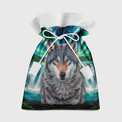 Мешок для подарков Серый волк стоящий перед водопадом под северным си, цвет: 3D-принт