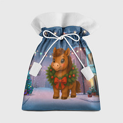 Мешок для подарков Лошадка с новогоднем венком 2026, цвет: 3D-принт