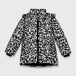 Куртка зимняя для девочки Винтажные листья, цвет: 3D-черный