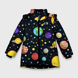 Куртка зимняя для девочки Солнечная система, цвет: 3D-черный