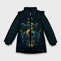 Куртка зимняя для девочки Череп и золотой якорь, цвет: 3D-черный