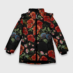 Куртка зимняя для девочки Цветущие маки, цвет: 3D-черный