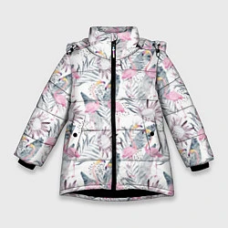 Куртка зимняя для девочки Тропические фламинго, цвет: 3D-черный
