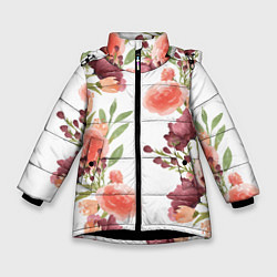 Куртка зимняя для девочки Цветы на белом, цвет: 3D-черный