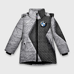 Куртка зимняя для девочки BMW - emblem - metal - texture, цвет: 3D-черный