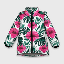 Куртка зимняя для девочки Гавайский гибискус, цвет: 3D-светло-серый