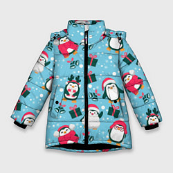 Куртка зимняя для девочки Новогодние Пингвины, цвет: 3D-черный