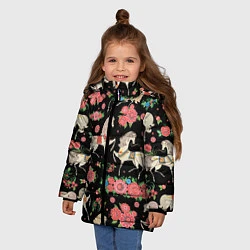 Куртка зимняя для девочки Лошади и цветы, цвет: 3D-черный — фото 2
