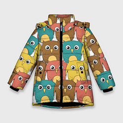 Куртка зимняя для девочки Разноцветные совы, цвет: 3D-черный