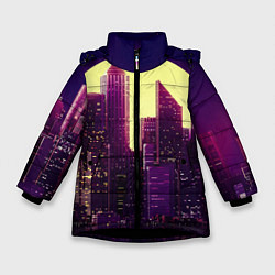 Куртка зимняя для девочки Неоновый город, цвет: 3D-черный