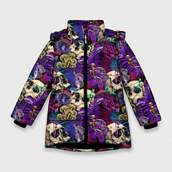 Куртка зимняя для девочки Психоделика - черепа и грибы, цвет: 3D-черный