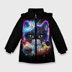 Куртка зимняя для девочки Космический котик и планеты, цвет: 3D-черный