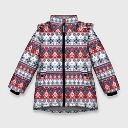 Куртка зимняя для девочки Этнический красно-синий узор, цвет: 3D-светло-серый