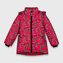 Зимняя куртка для девочки Бабочки на красном фоне