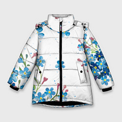 Куртка зимняя для девочки Букет голубых цветов, цвет: 3D-черный