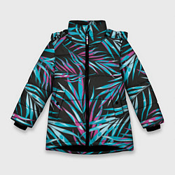 Куртка зимняя для девочки Листья Пальм Неон, цвет: 3D-черный