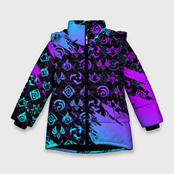 Куртка зимняя для девочки GENSHIN NEON PATTERN SYMBOL НЕОН ЭМБЛЕМЫ, цвет: 3D-черный