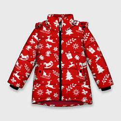 Куртка зимняя для девочки НОВОГОДНИЙ УЗОР КРАСНО БЕЛЫЙ, цвет: 3D-красный